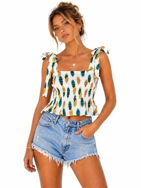 J CREW Re-Imagined Smocked Tank Women’s S Shoulder Ties Pineapple Print 100% Ctn